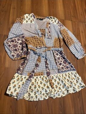 Boho Patchwork Floral Belted Zara Dress - Mustard & Blue